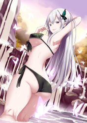  1girl alternate_costume arm_up armpits ass bikini black_bikini breasts brown_eyes bug butterfly butterfly_hair_ornament colored_eyelashes commentary_request commission cowboy_shot curvy day dutch_angle echidna_(re:zero) eyelashes from_side givuchoko grey_hair hair_between_eyes hair_ornament hand_up highres insect large_breasts long_hair looking_at_viewer open_mouth outdoors paid_reward_available pink_butterfly re:zero_kara_hajimeru_isekai_seikatsu seductive_smile side-tie_bikini_bottom sidelocks slit_pupils smile solo straight_hair swimsuit tsurime very_long_hair wading water wet 