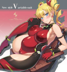  1girl armband bare_shoulders blonde_hair blue_eyes blush breasts cameltoe chair character_name claire_harvey cleavage cleft_of_venus covered_erect_nipples covered_navel drill_hair earrings gloves glowing hair_between_eyes highres hundred_(light_novel) jewelry large_breasts leg_up leotard long_hair looking_at_viewer nude_filter ookuma_nekosuke parted_lips pregnant red_leotard shiny_clothes shiny_skin sitting skin_tight solo sweat teeth text_focus thighhighs third-party_edit twin_drills  rating:Questionable score:81 user:zzz