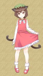  1girl animal_ear_piercing arm_at_side bobby_socks bow bowtie brown_background brown_eyes brown_hair cat_tail chen clothes_lift commentary_request earrings flat_chest frills full_body hat head_tilt highres jewelry kanpa_(campagne_9) light_smile long_sleeves looking_at_viewer mary_janes mob_cap multiple_tails nekomata petite petticoat pigeon-toed red_footwear red_skirt red_vest shoes short_hair simple_background single_earring skirt skirt_lift skirt_set socks solo split_mouth standing tail touhou two_tails vest white_bow white_bowtie 
