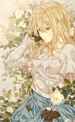 10s 1girl black_gloves blonde_hair blue_eyes blue_skirt breasts cheese_kang dripping eyelashes floral_print flower gloves grey_background hair_between_eyes hair_down hair_ribbon hand_in_own_hair highres lace lace_gloves layered_sleeves leaf long_hair long_sleeves medium_breasts parted_lips print_shirt ribbon rose rose_print shirt short_over_long_sleeves short_sleeves skirt skirt_hold solo upper_body violet_evergarden violet_evergarden_(series) wet wet_hair white_flower white_rose rating:Sensitive score:8 user:danbooru