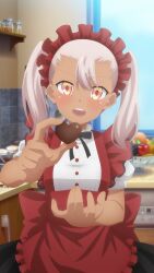  1girl apple apron breasts chloe_von_einzbern dark-skinned_female dark_skin dot_nose fate/kaleid_liner_prisma_illya fate_(series) food forehead fruit game_cg grapes hair_between_eyes highres holding indoors long_hair looking_at_viewer maid_apron maid_headdress official_art orange_(fruit) pink_hair puffy_short_sleeves puffy_sleeves red_pupils shirt short_sleeves small_breasts solo teeth third-party_source upper_teeth_only white_shirt window yellow_eyes  rating:General score:12 user:danbooru