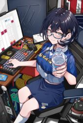  1girl alternate_costume armchair black_hair blue_archive blue_shirt blue_skirt blurry bottle box breasts calendar_(object) candy cellphone chair chihiro_(blue_archive) chocolate chocolate_heart commentary_request computer crocs depth_of_field desk food from_above glasses grey_eyes hair_between_eyes hair_ornament hairclip halo hanahashi_bagara heart heart-shaped_box highres id_card indoors jersey keyboard_(computer) kneehighs lanyard large_breasts looking_at_viewer looking_up midriff monitor mouse_(computer) navel notebook office_chair pencil_skirt phone plastic_bottle robotic_vacuum_cleaner semi-rimless_eyewear shirt short_hair short_sleeves sidelocks skirt smartphone smile socks solo swivel_chair typing water_bottle white_socks 