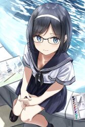  1girl black_hair black_skirt blue_eyes blush bow bowtie burenbo eraser glasses hairband highres hime_cut legs_together loafers looking_at_viewer outdoors painting_(object) pool poolside sailor_collar school_uniform serafuku shirt shirt_tucked_in shoes skirt solo water watercolors  rating:Sensitive score:8 user:Thotem