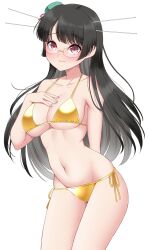  1girl beret bikini black_hair breasts choukai_(kancolle) cleavage commentary_request glasses gold_bikini green_hat hand_on_own_chest hat headgear highres kantai_collection large_breasts long_hair navel red_eyes side-tie_bikini_bottom simple_background solo swimsuit white_background yomogi_dango 