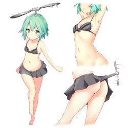  1girl aircraft armpits arms_up ass barefoot bikini black_bikini borrowed_character breasts green_eyes green_hair haishiki helicopter multiple_views navel original propeller short_hair simple_background small_breasts swimsuit white_background  rating:Questionable score:10 user:danbooru