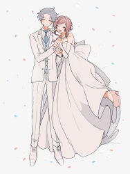  1boy 1girl ascot back_bow blush_stickers bow bride closed_eyes confetti dress elbow_gloves formal full_body gloves grey_hair groom high_heels highres holding_hands jacket jewelry long_dress long_sleeves maco22 necklace open_mouth original pearl_necklace pink_hair smile standing standing_on_one_leg suit sweat v wedding wedding_dress 