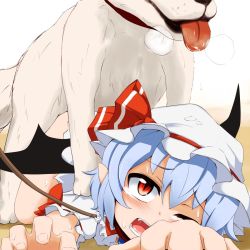 1boy 1girl bestiality blue_hair collar dog eyebrows fang hat implied_sex leash loli madhand mob_cap one_eye_closed open_mouth remilia_scarlet saliva simple_background team_shanghai_alice tongue tongue_out touhou vampire white_background wings rating:Questionable score:64 user:Domestic_Importer