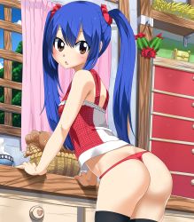 absurdres arm_support ass black_thighhighs blue_hair blush bread brown_eyes cowboy_shot day fairy_tail food hair_between_eyes hair_ornament hair_scrunchie highres huge_filesize indoors leaning_forward long_hair looking_at_viewer open_mouth panties planeptune red_panties red_shirt scrunchie shirt sleeveless solo standing steam thighhighs twintails underwear very_long_hair wendy_marvell window rating:Sensitive score:40 user:danbooru