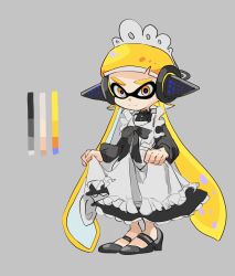  1girl absurdres agent_3_(splatoon) apron bee_hachino black_dress black_footwear black_headphones blonde_hair color_guide dress frilled_apron frills highres inkling inkling_girl inkling_player_character long_hair maid maid_apron maid_day maid_headdress nintendo pointy_ears puffy_sleeves simple_background solo splatoon_(series) splatoon_1 suction_cups tentacle_hair white_apron white_background yellow_eyes 