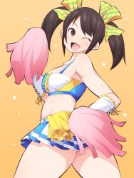  1girl bare_shoulders belt black_hair blue_skirt blush bow breasts brown_eyes cheerleader cowboy_shot crop_top cropped_shirt dot_nose elbow_gloves from_behind gloves hair_bow hair_ribbon hand_up highres holding holding_pom_poms idolmaster idolmaster_cinderella_girls idolmaster_cinderella_girls_starlight_stage long_hair looking_at_viewer looking_back medium_breasts midriff miniskirt nakano_yuka one_eye_closed open_mouth pleated_skirt pom_pom_(cheerleading) pom_poms ribbon shirt simple_background skirt sleeveless sleeveless_shirt smile solo standing striped_ribbon sweat twintails two-tone_ribbon two-tone_shirt uccow white_belt white_gloves yellow_background  rating:Sensitive score:2 user:danbooru