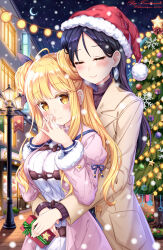  2girls artist_name black_hair blonde_hair breasts building chinese_commentary christmas christmas_present christmas_tree closed_eyes commentary_request crescent_moon date_a_live double_bun gift hair_bun highres hoshimiya_mukuro jacket lamp large_breasts long_hair long_sleeves moon multiple_girls outdoors pocket smile snow tsubasaki yellow_eyes 