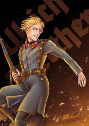  1boy absurdres belt blonde_hair blue_eyes boots brown_hair buttons darun_khanchanusthiti fire glaring grey_pants gun highres holding jacket leather leather_belt looking_back looking_to_the_side looking_up male_focus military military_uniform original pants pouch rifle shirt short_hair simple_background solo sparks ulrich_werther uniform weapon  rating:Sensitive score:1 user:Win3666