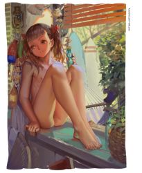  1girl alphonse_(white_datura) barefoot blush completely_nude feet female_focus flat_chest full_body hammock highres ledge loli nude pussy solo tagme toes twintails uncensored window  rating:Explicit score:427 user:ganza