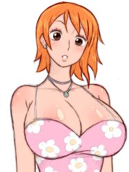  1girl absurdres breasts earrings highres jewelry large_breasts nami_(one_piece) necklace one_piece orange_hair short_hair simmsy simple_background solo  rating:Sensitive score:92 user:danbooru
