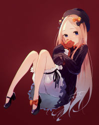 1girl abigail_williams_(fate) asymmetrical_footwear black_bow black_dress black_footwear black_hat black_ribbon blonde_hair bloomers blue_eyes bow chromatic_aberration commentary covering_own_mouth dress fate/grand_order fate_(series) fomnant footwear_bow forehead full_body hair_bow hat highres holding holding_stuffed_toy hugging_object knees_up long_hair long_sleeves looking_at_viewer mary_janes mismatched_footwear multiple_hair_bows orange_bow polka_dot polka_dot_bow red_background ribbon ribbon_trim shoes signature simple_background sleeves_past_fingers sleeves_past_wrists solo stuffed_animal stuffed_toy teddy_bear underwear white_bloomers  rating:General score:12 user:danbooru