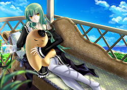  1girl c.c. cheese-kun clotho_(clotho_ls) clotho_ls cloud code_geass couch dress female_focus flower green_hair highres long_hair lying ocean pillow pizza_hut sky solo table thighhighs white_thighhighs yellow_eyes 