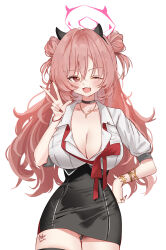  1girl absurdres ash_(cat7evy) black_choker black_skirt blue_archive blush breasts choker cleavage collarbone collared_shirt cowboy_shot double_bun fake_horns fang fingernails gluteal_fold hair_bun halo highres horns jewelry kirara_(blue_archive) large_breasts long_fingernails long_hair looking_at_viewer nail_polish necklace one_eye_closed open_mouth pink_eyes pink_hair pink_halo red_nails shirt simple_background skin_fang skirt smile solo v white_background white_shirt 
