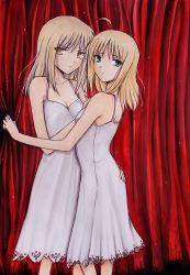  2girls ahoge alternate_costume arm_grab artoria_pendragon_(all) artoria_pendragon_(fate) ass bare_shoulders blonde_hair breasts camisole cleavage curtain_grab curtains dress dual_persona fate/stay_night fate_(series) flat_chest green_eyes hair_down hand_on_another&#039;s_chest hand_on_ass hug marker_(medium) multiple_girls nightgown saber_(fate) saber_alter short_hair siblings sisters traditional_media tusia twins yellow_eyes yuri  rating:Sensitive score:32 user:ladymarta