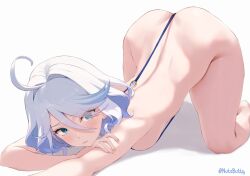  1girl ahoge alternate_costume ass between_buttocks bikini blue_eyes blue_gemstone blue_hair breasts closed_mouth commentary commission crossed_arms english_commentary furina_(genshin_impact) gem genshin_impact head_rest highres light_blue_hair long_hair_between_eyes looking_at_viewer micro_bikini nutsbutty short_hair slingshot_swimsuit solo swimsuit top-down_bottom-up twitter_username white_background white_hair 