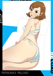  1girl ass atlus blush border bra brown_eyes brown_hair couch earrings highres jewelry lipstick looking_at_viewer makeup persona persona_3 persona_3_reload posing_for_the_viewer simple_background solo tonotyama toriumi_isako underwear underwear_only 