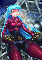  1girl ass belt blue_hair blush bodysuit breasts constricted_pupils gloves highres kula_diamond long_hair open_mouth pants punching purple_eyes ryona saliva shiny_clothes skin_tight snk soramin stomach_punch tears the_king_of_fighters tight_clothes tight_pants very_long_hair vomit zipper  rating:Questionable score:19 user:armorcrystal