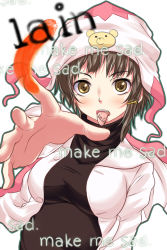  1990s_(style) 1girl aged_up anonimasu bad_id bad_pixiv_id blush breasts brown_eyes brown_hair face fingerprint foreshortening hat highres iwakura_lain outstretched_arm retro_artstyle serial_experiments_lain short_hair solo text_focus tongue tongue_out 