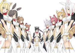 6+girls absurdres animal_ears black_hair blonde_hair blue_eyes blush bow breasts brown_eyes brown_hair cat_ears cleavage cleavage_cutout closed_mouth clothing_cutout commentary_request dog_ears fox_ears glasses hair_over_one_eye highres large_breasts leotard long_hair long_sleeves looking_at_viewer maid maid_headdress medium_breasts multiple_girls open_mouth original own_hands_together pink_hair ponytail puffy_short_sleeves puffy_sleeves purple_hair rabbit_ears red_bow red_eyes red_hair shiny_clothes shiny_skin short_hair short_sleeves simple_background smile thighhighs tony_taka white_background white_legwear wrist_cuffs rating:Sensitive score:52 user:danbooru