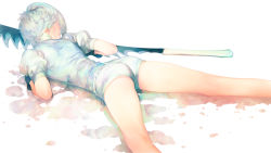10s 1other absurdres androgynous antarcticite ass gender_request highres houseki_no_kuni iwai_ryou lying on_stomach short_hair short_shorts shorts simple_background solo sword weapon white_background white_hair