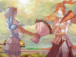  2girls absurdres arm_across_waist armor asymmetrical_wings azeyma bandeau bare_shoulders blue_eyes blue_hair blue_wings blurry blurry_background bouquet bracelet chinese_commentary circlet commentary_request cowboy_shot day diadem dress earrings feather_trim final_fantasy final_fantasy_xiv floating_hair flower folding_fan from_side gauntlets giving greaves hand_fan hand_up high_ponytail highres holding holding_bouquet holding_fan jewelry laurel_crown long_bangs long_hair looking_down menphina multiple_girls orange_hair outdoors outstretched_arms parted_lips ponytail red_flower red_rose red_skirt rose short_hair short_twintails shy single_earring single_gauntlet skirt sky sleeveless sleeveless_dress standing toga twintails vambraces white_dress wings wo_dou_gao_shi&#039;er_shennu yellow_eyes yellow_wings yuri 
