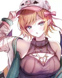 1girl :o artist_request baseball_cap blonde_hair blush breast_tattoo breasts cleavage_cutout clothing_cutout green_eyes hat hololive jacket large_breasts nails official_alternate_costume pointy_ears short_hair tattoo virtual_youtuber white_background yuzuki_choco yuzuki_choco_(streetwear)