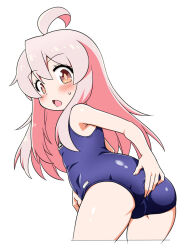  1girl ahoge akou_roushi ass blue_one-piece_swimsuit blush brown_eyes brown_hair from_behind genderswap genderswap_(mtf) hand_on_own_ass leaning_forward loli long_hair looking_back name_tag old_school_swimsuit one-piece_swimsuit onii-chan_wa_oshimai! open_mouth oyama_mahiro school_swimsuit solo standing swimsuit thighs  rating:Sensitive score:58 user:danbooru
