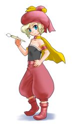  1990s_(style) 1girl armband bare_shoulders blonde_hair blue_eyes boots collarbone final_fantasy final_fantasy_vi flat_chest full_body hand_on_own_hip hat looking_at_viewer maruchiro paintbrush puffy_pants red_footwear relm_arrowny retro_artstyle shadow shirt short_hair simple_background smile solo standing strapless white_background 