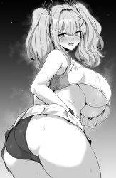  1girl absurdres ass azur_lane blush breasts bremerton_(azur_lane) bremerton_(scorching-hot_training)_(azur_lane) cowboy_shot crop_top from_behind gradient_background greyscale hair_between_eyes hair_ornament hairclip highres hotate-chan huge_breasts large_breasts looking_at_viewer looking_back monochrome no_bra official_alternate_costume open_mouth panties raised_eyebrows simple_background skirt sleeveless solo steaming_body sweat thick_thighs thighs twintails twisted_torso underboob underwear x_hair_ornament  rating:Questionable score:106 user:danbooru