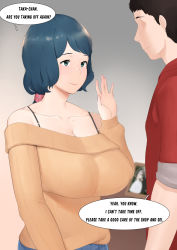 1girl bare_shoulders blue_hair blush breasts cleavage covered_erect_nipples drawing_(object) english_text green_eyes gundam gundam_build_fighters hand_up height_difference highres huge_breasts indoors iori_rinko light_blush long_hair looking_at_another low_ponytail mature_female moebell no_eyes nose_blush off-shoulder_sweater off_shoulder smile speech_bubble standing sweater upper_body yellow_sweater rating:Sensitive score:55 user:Ynyswydryn