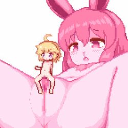  2girls ahoge animal_ears animated animated_gif blonde_hair blush borrowed_character censored cleft_of_venus clit_sex clitoral_stimulation clitoris female_ejaculation female_orgasm furry grinding hinainf loli lowres meyuu_(kso) mini_person minigirl mosaic_censoring multiple_girls navel nude open_mouth orgasm original pink_eyes pink_fur pink_hair pixel_art pussy pussy_juice rabbit_ears rabbit_girl sex size_difference spread_legs tribadism yuri 