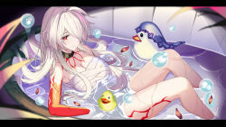  1girl acheron_(honkai:_star_rail) armpit_crease bathing bathtub black_choker body_markings breasts bubble chinese_commentary choker closed_mouth commentary_request earrings hair_over_one_eye highres honkai:_star_rail honkai_(series) jewelry large_breasts leaning_back letterboxed long_hair nude official_alternate_color partially_submerged purple_veil red_eyes red_petals rubber_duck sarashi sitting solo srpzk very_long_hair water wet white_hair 