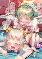  2girls angel_and_devil angel_wings ass ayanakitori blanket blush bra breasts breasts_out brick_wall crying cum decensored demon_girl demon_horns demon_wings ejaculation fang fingernails frilled_bra frills from_behind futanari gradient_hair green_hair halo headband highres horn_ornament horn_ribbon horns insemination kneeling large_areolae loli looking_down multicolored_hair multiple_girls nipples no_panties one_eye_closed open_mouth orgasm original penis pointy_ears ribbon short_hair small_breasts spagetti_straps steaming_body striped_legwear tears thigh_strap thighhighs third-party_edit translated uncensored underwear wings  rating:Explicit score:353 user:BoxesHS