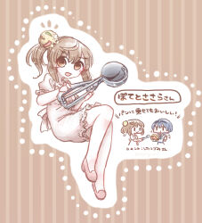  2girls brown_background brown_eyes brown_hair cevio chibi chibi_inset commentary_request dress eating food food-themed_hair_ornament food_request full_body hair_ornament holding holding_food holding_ice_cream_scoop jitome looking_at_viewer multiple_girls multiple_views my11gum notice_lines outline oversized_object pink_footwear puffy_short_sleeves puffy_sleeves satou_sasara shoes short_dress short_hair short_sleeves side_ponytail sidelocks smile striped_background suzuki_tsudumi thumbs_up translation_request v-shaped_eyebrows white_dress white_outline 