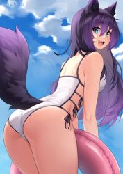 1girl :d animal_ear_fluff animal_ears ass bare_arms bare_shoulders blue_eyes blue_sky breasts cloud commentary commission cowboy_shot day english_commentary facial_mark fang from_behind hair_between_eyes highres innertube iwbitu leaning_forward long_hair looking_back medium_breasts one-piece_swimsuit open_mouth original outdoors purple_hair shoulder_blades sky slit_pupils smile solo swim_ring swimsuit tail twitter_username wading water whisker_markings white_one-piece_swimsuit rating:Sensitive score:133 user:danbooru