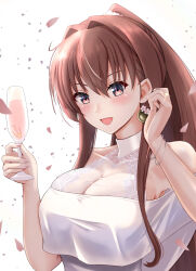  1girl bangle bare_shoulders blush bracelet breasts brown_eyes brown_hair champagne_flute cleavage cup dress drinking_glass earrings hair_between_eyes highres holding holding_cup jewelry kantai_collection large_breasts long_hair looking_at_viewer mesera open_mouth petals ponytail sidelocks simple_background single_earring solo sparkle upper_body white_background white_dress yamato_(anniversary)_(kancolle) yamato_(kancolle) 