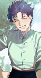  1boy artist_logo blue_hair blue_pants blurry blurry_background buttons commentary_request day facing_viewer grin gundam gundam_f91 hand_on_own_hip light_blush light_rays male_focus outdoors pants seabook_arno shirt shirt_tucked_in short_hair sleeves_rolled_up smile solo sunbeam sunlight tree upper_body ususio_11 white_shirt 