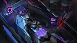 1boy 1girl absurdres armor artificial_eye artist_name breasts character_request column cyborg forehead_protector glowing glowing_eyes helmet highres league_of_legends long_hair pauldrons pillar piscina project:_zed purple_eyes shoulder_armor syndra white_hair zed_(league_of_legends) 