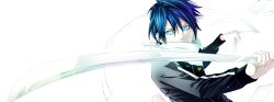  1boy black_jacket blue_eyes jacket non-web_source noragami pants pointy_hair sword track_pants weapon yato_(noragami) yukine_(noragami) 