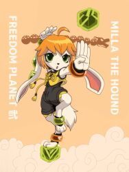 1girl :o ahoge animal_ears barefoot bodysuit bracelet cube dog_ears dog_tail dragon fighting_stance freedom8 freedom_planet freedom_planet_2 frown furry galaxytrail green_eyes highres jewelry long_ears looking_at_viewer milla_basset orange_background orange_hair short_hair standing standing_on_one_leg tail text_background