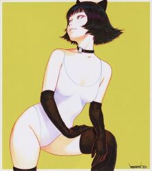 animal_ears artist_name black_choker black_gloves black_hair black_thighhighs blue_eyes blunt_bangs bob_cut border breasts cat_ears choker collarbone elbow_gloves feet_out_of_frame flipped_hair gloves hand_on_own_leg heart heart_choker ilya_kuvshinov looking_afar looking_to_the_side medium_breasts one-piece_swimsuit original second-party_source signature simple_background squatting swimsuit thighhighs white_border white_one-piece_swimsuit yellow_background 