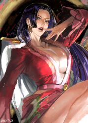  1girl black_background blue_hair boa_hancock breasts cape cleavage commentary crop_top earrings eyelashes hime_cut jewelry large_breasts long_hair long_sleeves nisir0 one_piece open_mouth plunging_neckline red_lips red_shirt salome_(one_piece) shirt snake_earrings symbol-only_commentary twitter_username white_cape 