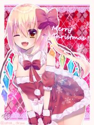  1girl alternate_costume argyle argyle_background artist_name blonde_hair border bow bowtie breasts chisiro_unya_(unya_draw) commentary cowboy_shot crystal dress english_commentary english_text fang flandre_scarlet fur-trimmed_gloves fur_trim gloves hair_between_eyes hair_bow happy leaning_forward looking_at_viewer merry_christmas mixed-language_commentary multicolored_wings no_headwear one_eye_closed one_side_up open_mouth red_background red_bow red_bowtie red_gloves santa_dress small_breasts smile snowflakes solo touhou white_border wings 