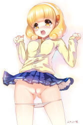  10s 1girl :o blonde_hair bow bow_panties breasts cardigan clothes_lift eyelashes hairband kise_yayoi medium_breasts open_mouth paint_musume panties panty_pull pleated_skirt precure pussy pussy_juice short_hair skirt skirt_lift smile_precure! solo tears uncensored underboob underwear white_hairband white_panties yellow_eyes  rating:Explicit score:33 user:danbooru