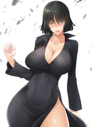 1girl absurdres angry black_dress black_hair blush breasts cleavage covered_navel curvy dress covered_erect_nipples fubuki_(one-punch_man) green_eyes haganef highres large_breasts looking_at_viewer one-punch_man open_mouth solo taut_clothes wide_hips rating:Sensitive score:101 user:Demiourgos