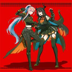  boots boxing_gloves breasts energy_gun fangs glasses high_heels highres hololive hololive_english hololive_indonesia horns kuroha_ai long_hair multicolored_hair nerissa_ravencroft official_art open_mouth pavolia_reine ray_gun salamander_(vocaloid) streaked_hair tail weapon 